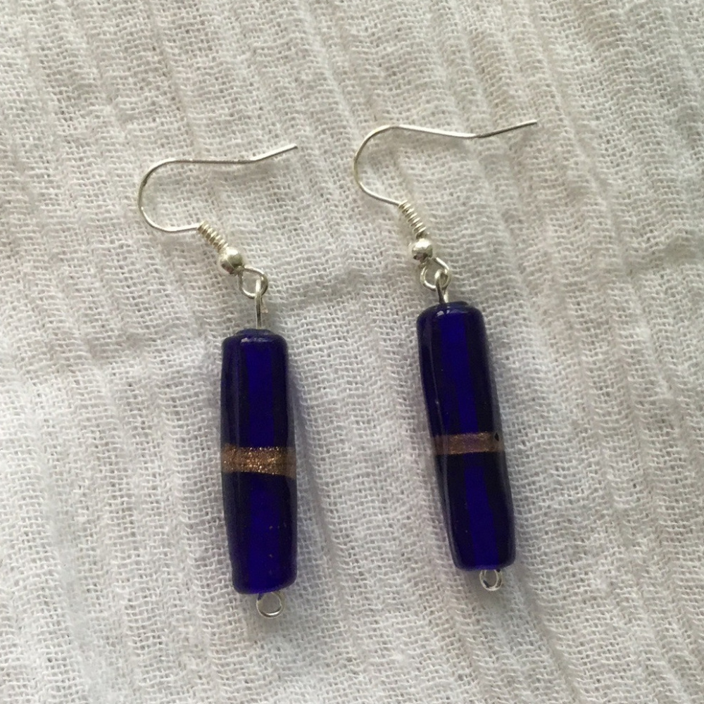 Dark blue Czech glass dangle earrings